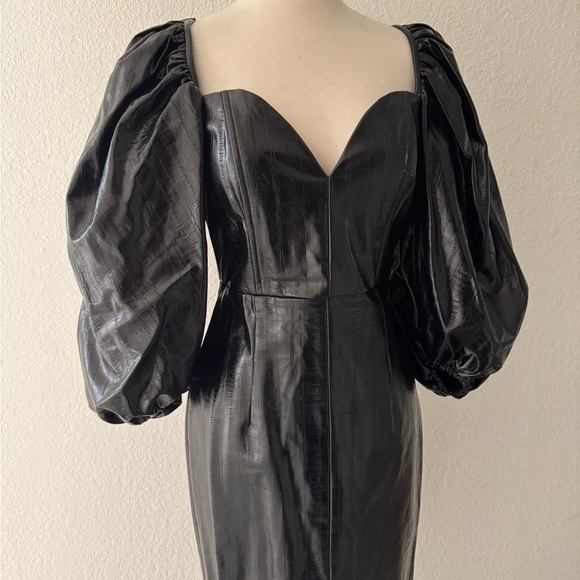 Rotate Birger Christensen Irina Faux Leather Knee Length Dress Puff Sleeves Sz 6 - Picture 2 of 12